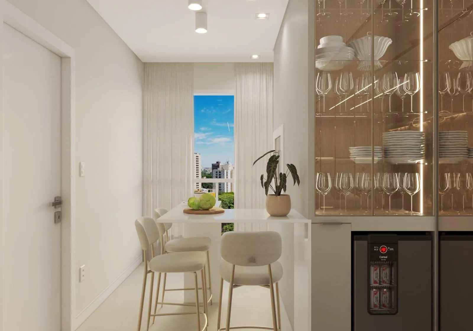Breakfast bar and glass display cabinet